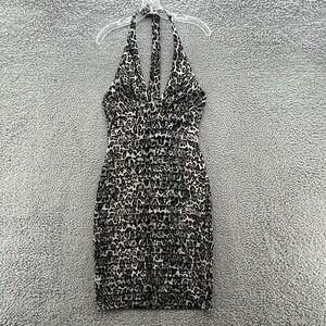 VTG 90s Cache‎ Dress Womens 8 Black Leopard Bodycon Party Halter Sheath